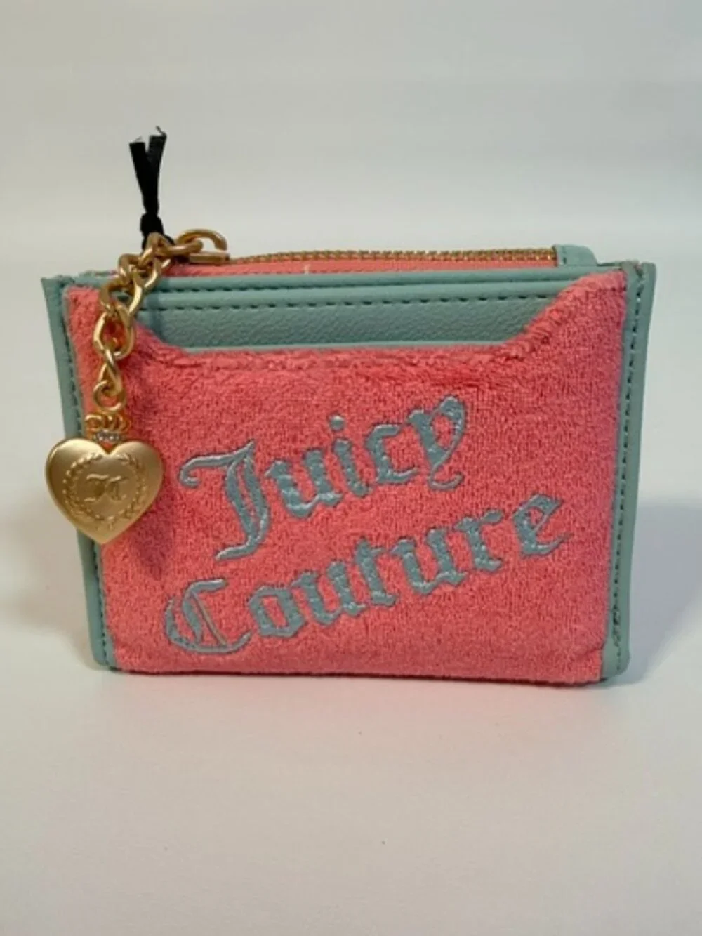 NWT Juicy Couture Terrycloth Blue and Pink Wallet Heart Charm Coin Purse